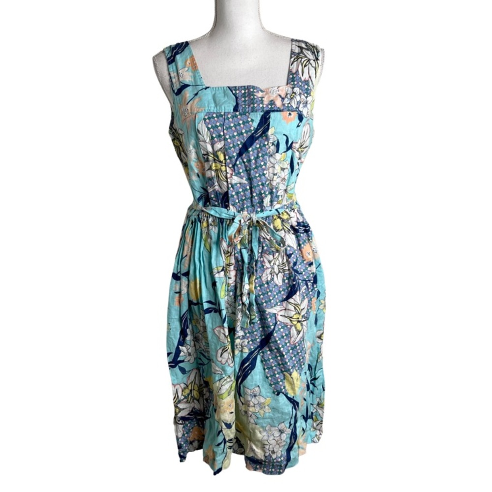 MALVIN  I Love Linen Tie Waist Blue Multicolor Floral Dress